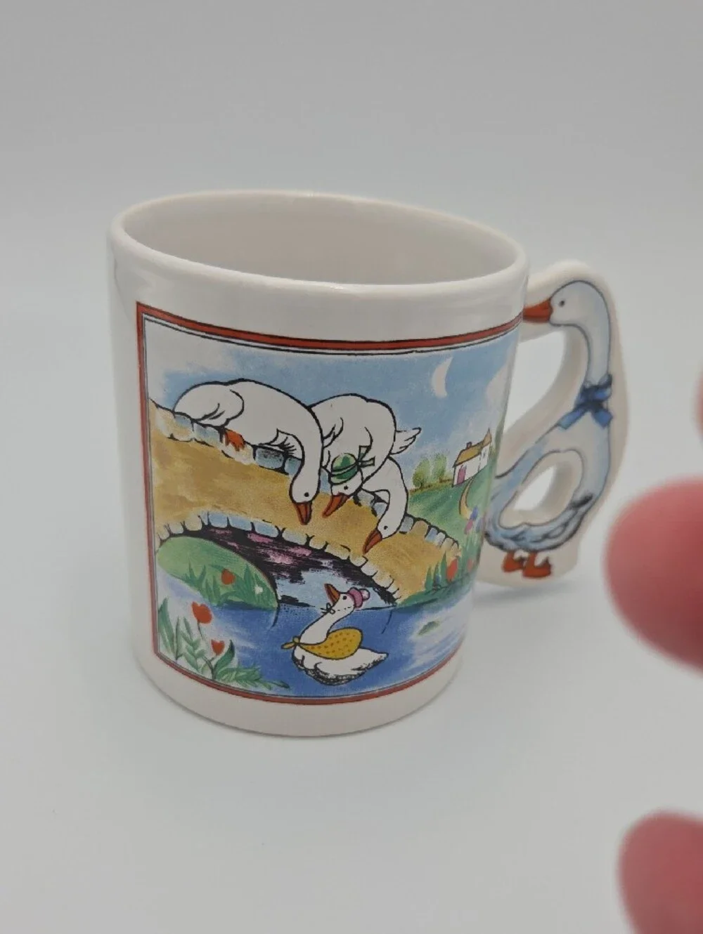 White Ceramic Goose Handle Mug with Colorful Farm Scene